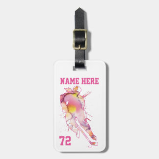 Girls Womens Personalized Hockey Player Watercolor Luggage Tag
