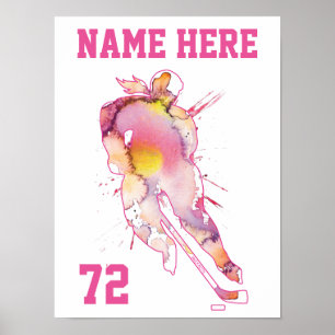Girls Womens Personalized Hockey Player Watercolor Poster
