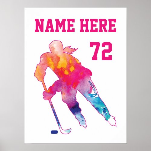 Girls Womens Personalized Hockey Player Watercolor Poster