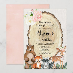 Girls woodland animals first 1st birthday party invitation