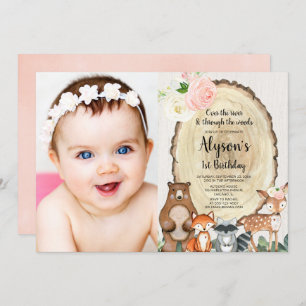 Girls woodland animals first 1st birthday photo invitation