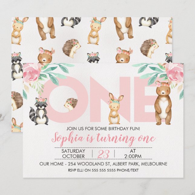 Girls Woodland Animals ONE 1st Birthday Invitation (Front/Back)