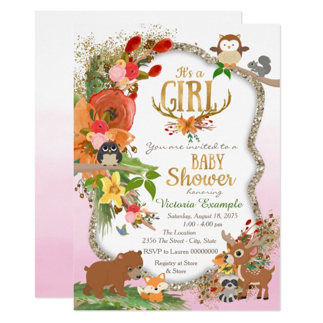 Girls Woodland Antler Baby Shower Invitation