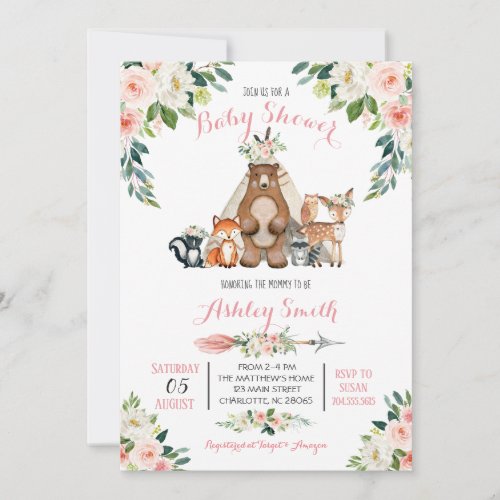 Girls Woodland Baby Shower Invitations