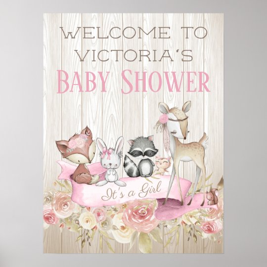 Girls Woodland Baby Shower Welcome Sign | Zazzle.com