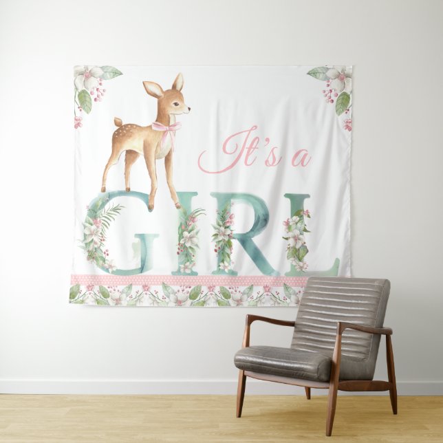 Girls Woodland Deer Baby Shower Backdrop Banner (In Situ (Horizontal))