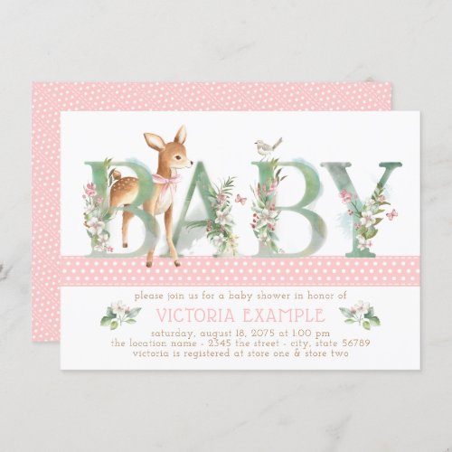 Girls Woodland Deer Baby Shower Invitations