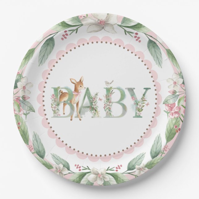 Girls Woodland Deer Baby Shower Paper Plates (Front)