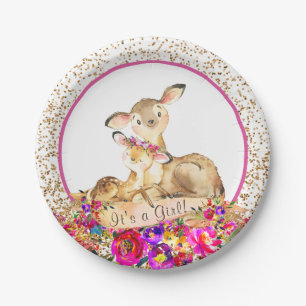 Girls Woodland Deer Baby Shower Paper Plates