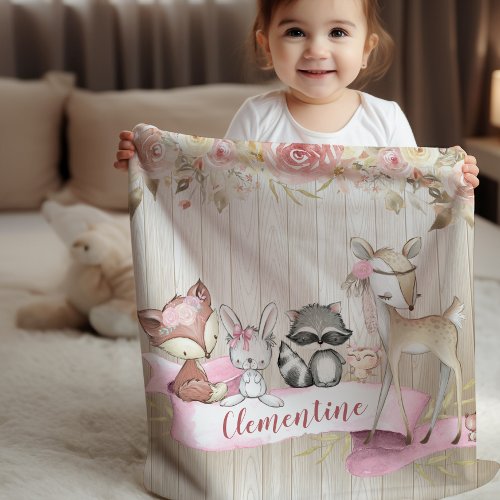 Girls Woodland Forest Animal Friends Deer Fox Baby Blanket