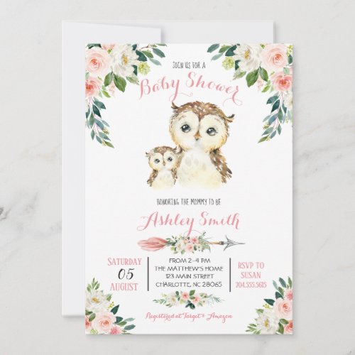 Girls Woodland owl Baby Shower Invitations