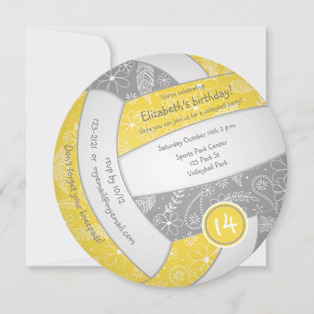 girls yellow gray boho volleyball birthday party announcement (Front)