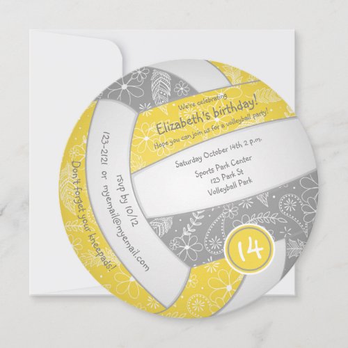 girls yellow gray boho volleyball birthday party announcement