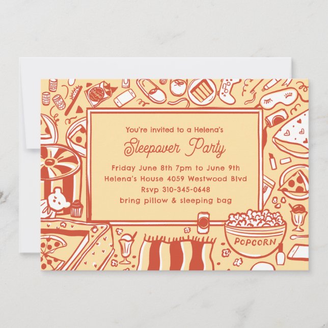 Girls Yellow Red Sleepover Birthday Party Invitation (Front)