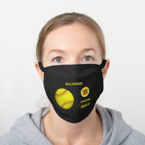 girls yellow softball team spirit personalized black cotton face mask