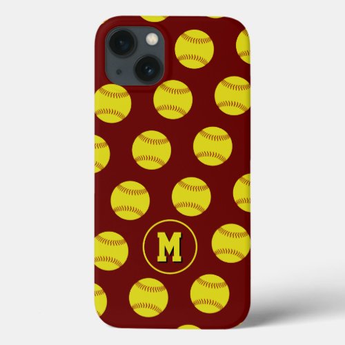 girls yellow softballs pattern sporty monogrammed  iPhone 13 case