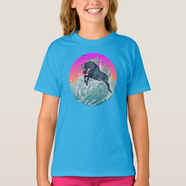 Girl's Youth Unicorn Shirt "Large" in Neon Blue (Front)