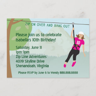 Girls Zip Line Lining Birthday Party Invites