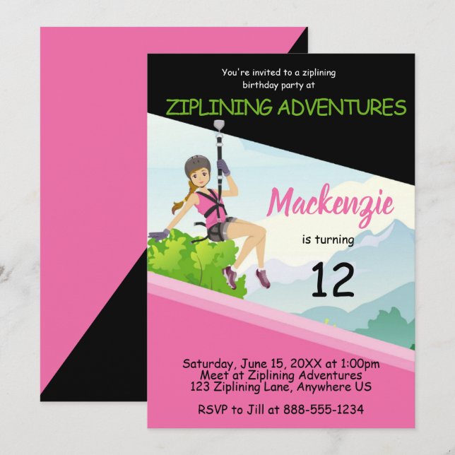 Girls Ziplining Birthday Invitation (Front/Back)