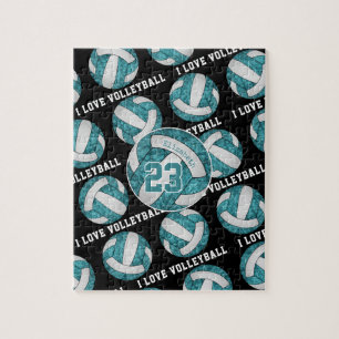 girlsy teal white black I love volleyball Jigsaw Puzzle