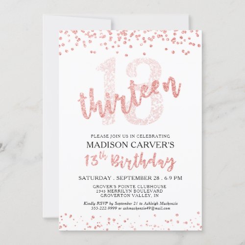 Girly 13th Birthday Rose Gold Glitter Confetti Invitation