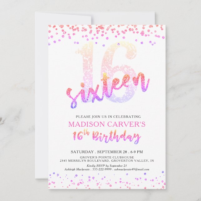 Girly 16th Birthday Pink Purple Glitter Confetti Invitation (Front)