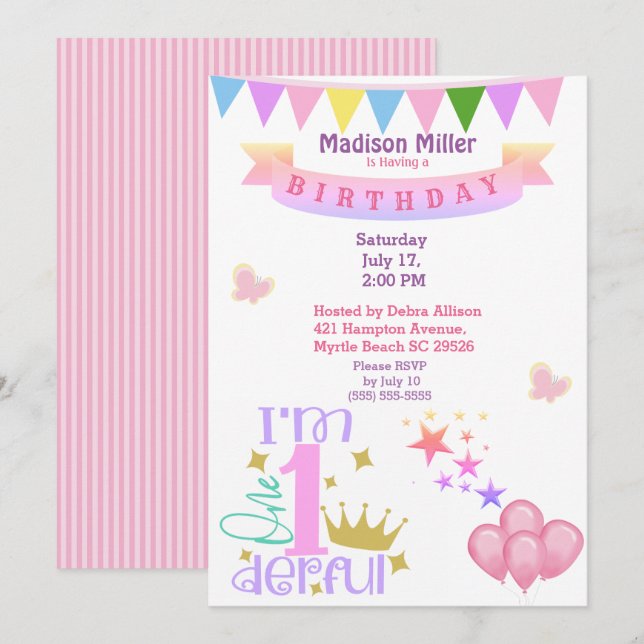 Girly 1and Wonderful Birthday Party Invitation (Front/Back)