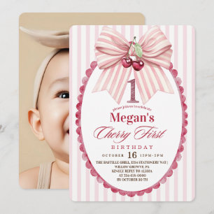 Girly 1st Coquette Cherry First Birthday Party Invitation