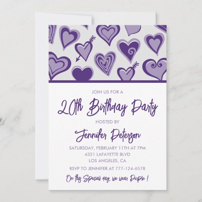 Girly 20th birthday invitations Purple Hearts  (Front)