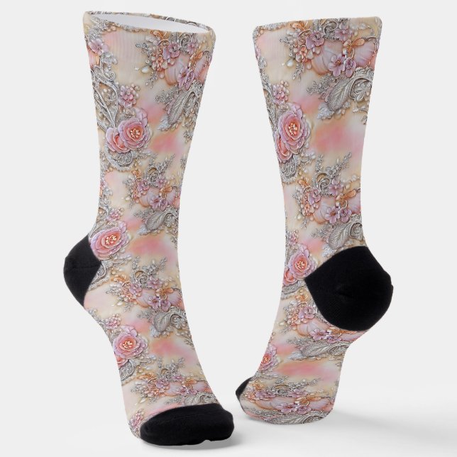 Girly 3-D bedazzled silver and pink roses pattern Socks (Angled)