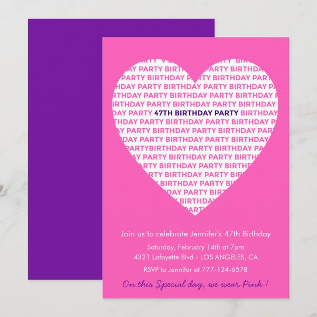 Girly 47th birthday invitation Girl Heart Pink (Front/Back)