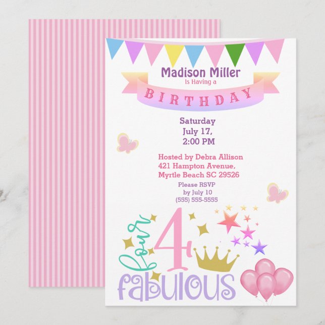 Girly 4 and Fabulous Birthday Party Invitation (Front/Back)