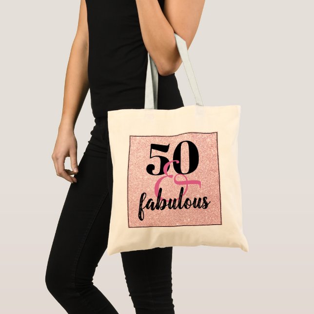 Girly 50 & Fabulous Birthday Pink Glitter Tote Bag (Front (Product))