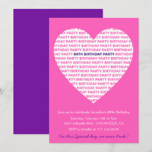 Girly 89th birthday invitation Girl Heart Pink