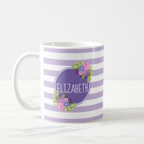 Girly Abstract Floral Purple Stripes Monogram Name Coffee Mug