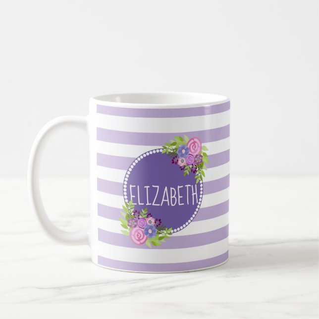 Girly Abstract Floral Purple Stripes Monogram Name Coffee Mug (Left)