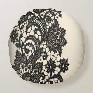 girly abstract Vintage paris black Lace pattern Round Pillow