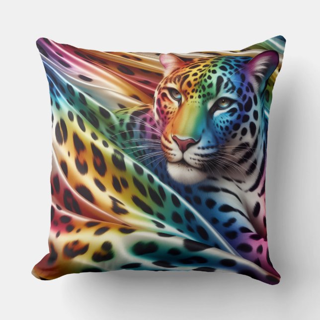 Girly Accents | Rainbow Leopard Print Throw Pillow (Front)