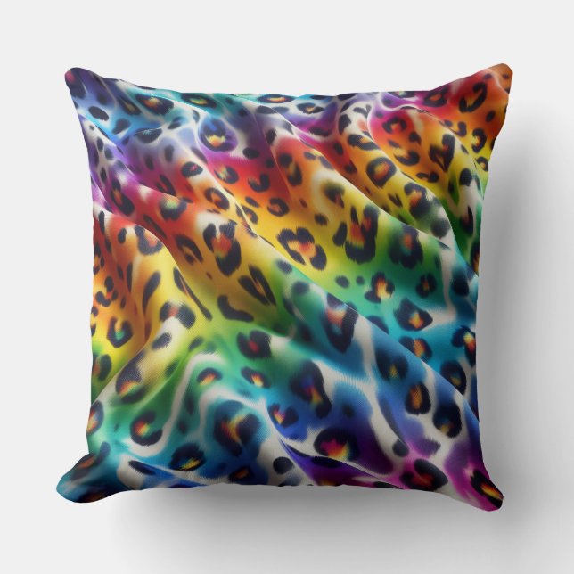 Girly Accents | Rainbow Leopard Print Throw Pillow (Front)