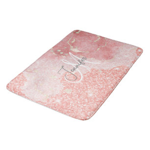 Girly Agate Pink Glitter Blush Monogram Bath Mat