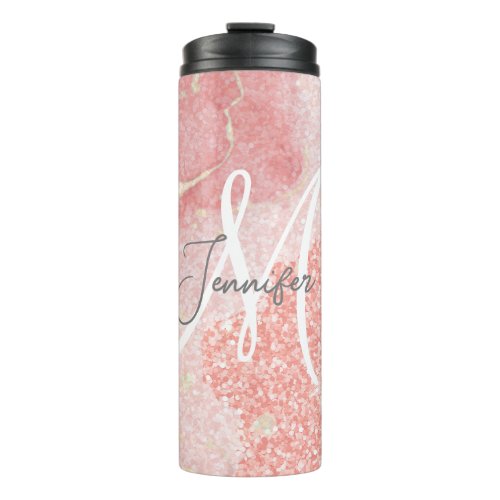 Girly Agate Pink Glitter Blush Monogram  Thermal Tumbler