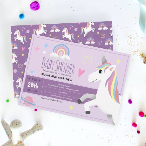 Girly and Cute Purple Unicorn Couples Baby Shower Invitation