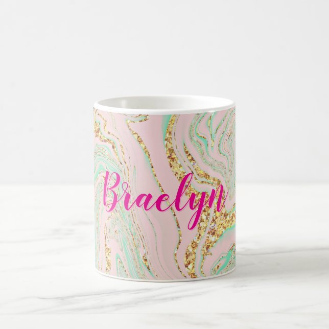 Girly and Feminine Pink Mint and Gold Marbling Coffee Mug (Center)