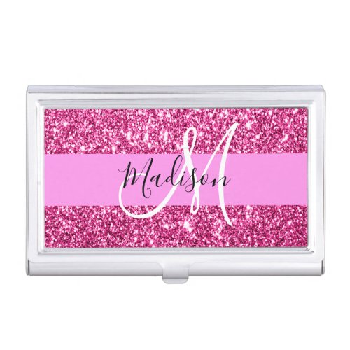 Girly and Glam Hot Pink Glitter Sparkles Monogram Business Card Case