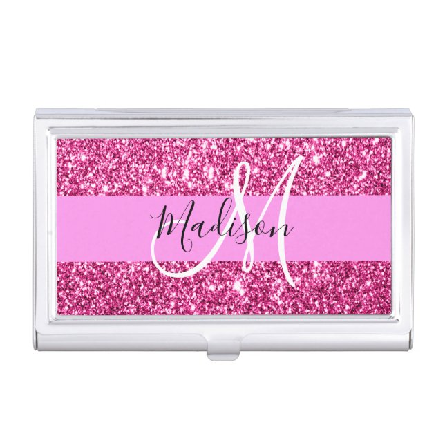 Girly and Glam Hot Pink Glitter Sparkles Monogram Business Card Case (Front)