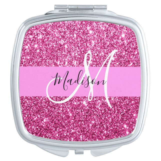 Girly and Glam Hot Pink Glitter Sparkles Monogram Compact Mirror (Front)