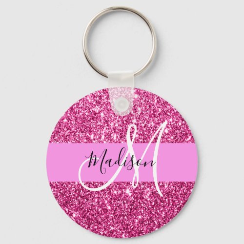 Girly and Glam Hot Pink Glitter Sparkles Monogram Keychain