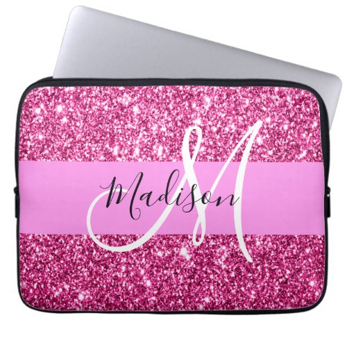 Girly and Glam Hot Pink Glitter Sparkles Monogram Laptop Sleeve