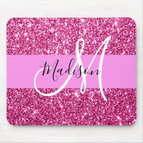 Girly and Glam Hot Pink Glitter Sparkles Monogram Mouse Pad