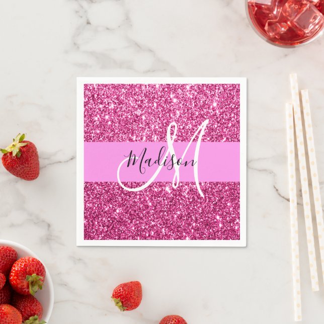 Girly and Glam Hot Pink Glitter Sparkles Monogram Napkins (Insitu)